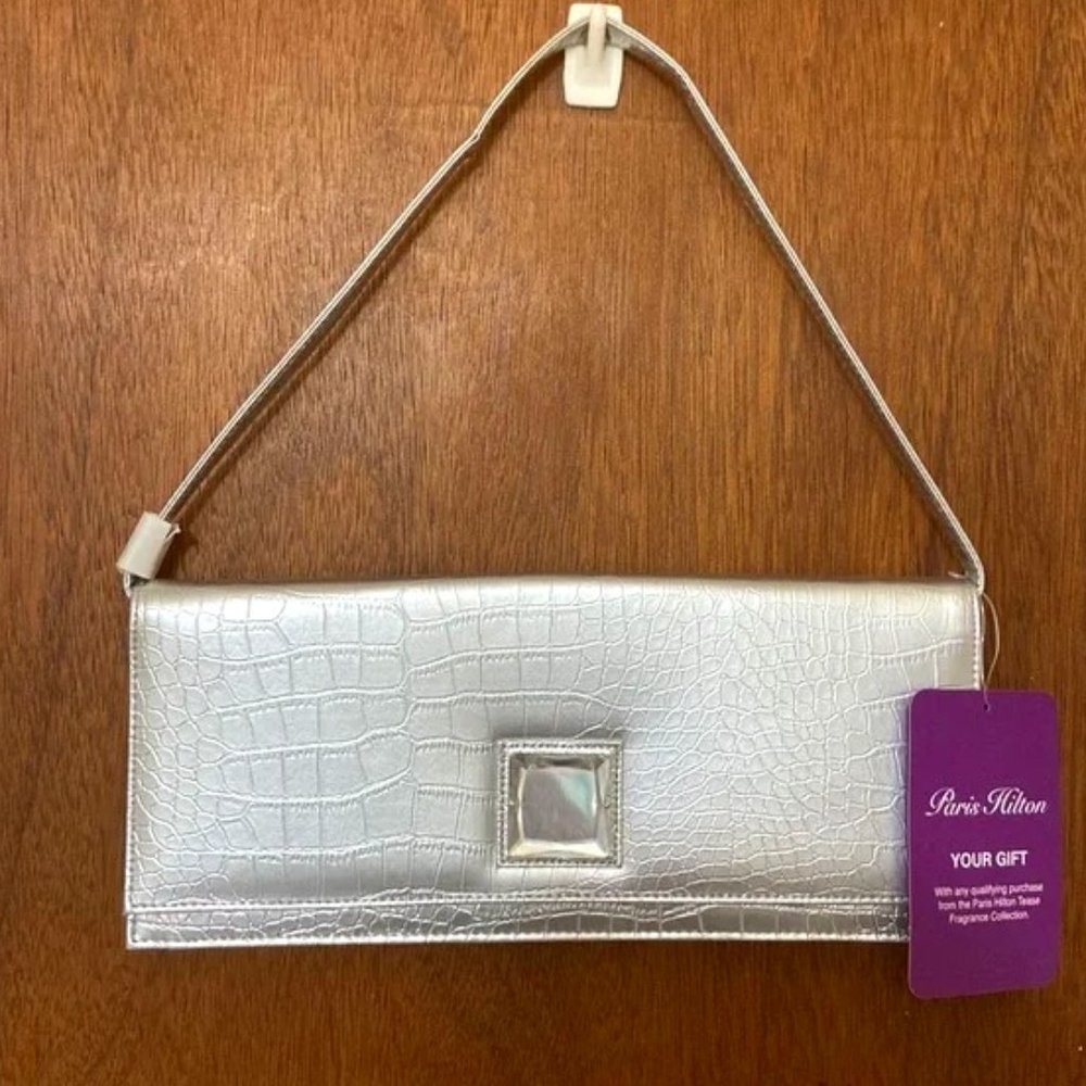 Paris Hilton Shiny Silver Croc-Embossed Purse w/Removable Strap NWT